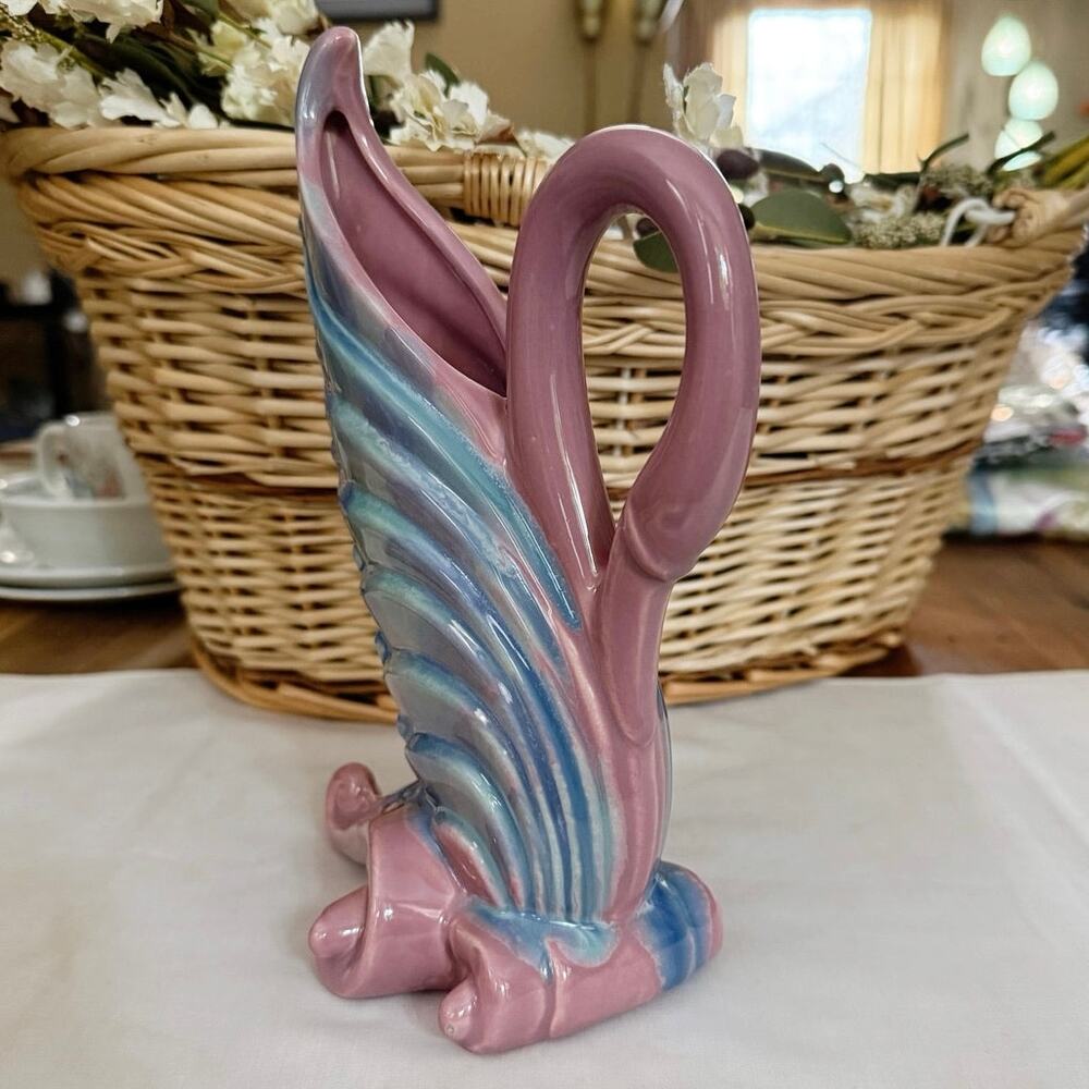 Royal Haeger Swan Pillow Vase • Mauve Agate Green‑Pink Swirl • 1930s–40s